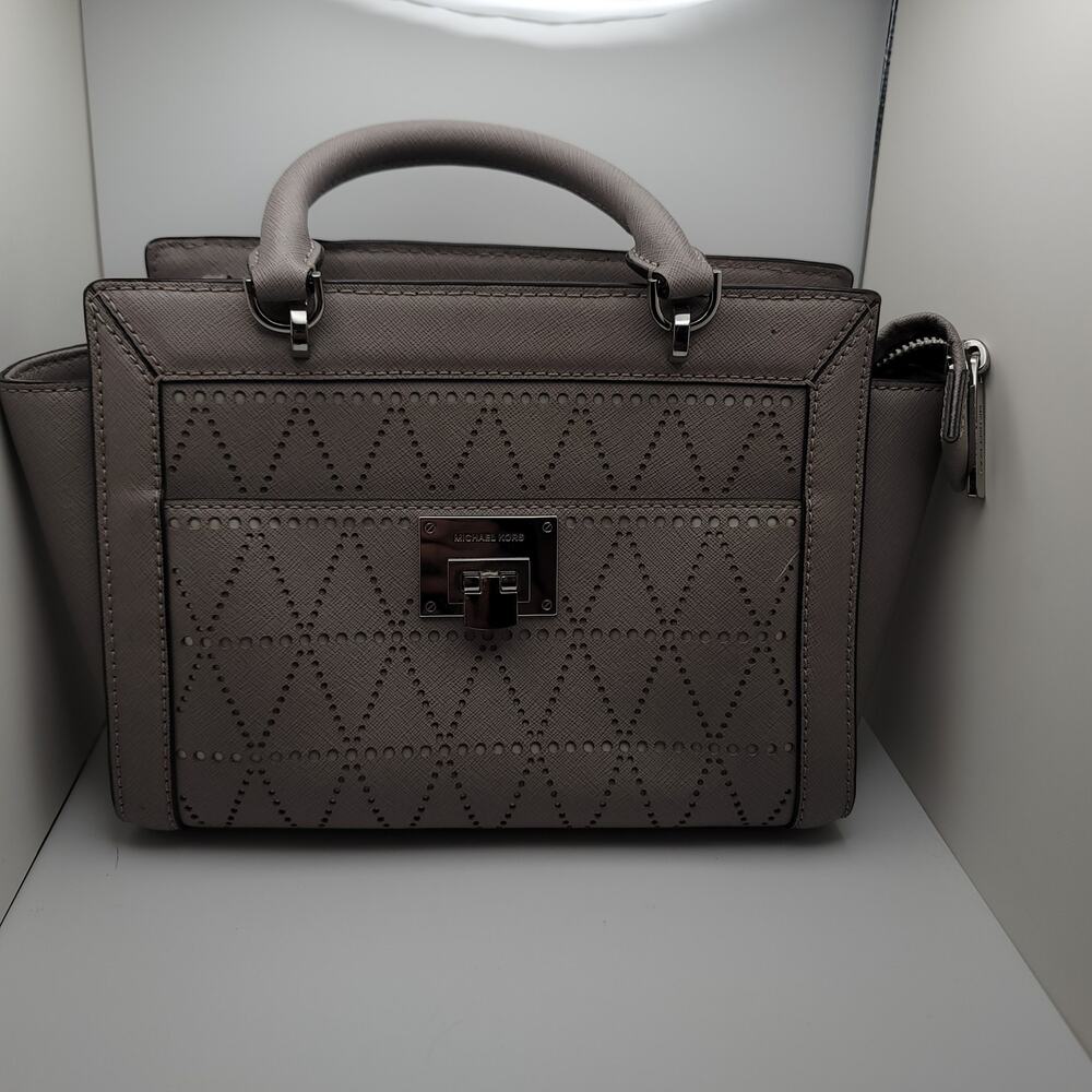 Michael Kors Tina Small Top Zip Messenger Handbag Pearl Grey Saffiano